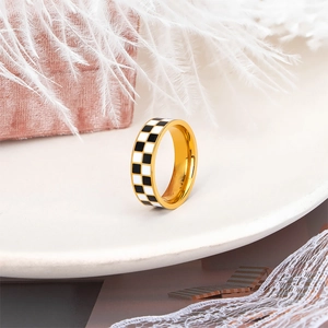 Checkerboard Band Ring Gold Plated Stainless Steel Black White Enamel Geometric Fashion Jewelry For Women Men