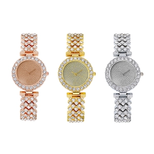 Elegant women's quartz watch set in gold, rose gold, and silver finishes with full crystals