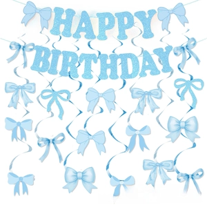 Close-up of light blue glittery Happy Birthday banner and decorative hanging spirals