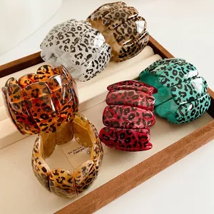 Bracelet Extensible Large En Acrylique Imprimé Léopard Jonc Géométrique Épissé Bijoux Mode Pour Femmes