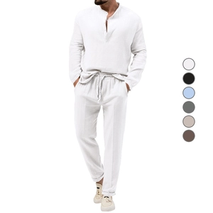 Men's Smart Casual Top And Bottom Set Solid Color Henley Long Sleeve Shirt And Pants Breathable Polyester Crinkle Fabric Lounge Suit