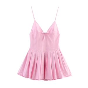 Robe Courte À Rayures Roses Et Blanches À Bretelles Spaghetti Avec Nœud Col En V Sans Manches Pour Femmes