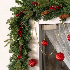 Deluxe PE mixed Christmas garland with red berries, pine cones and golden ornaments
