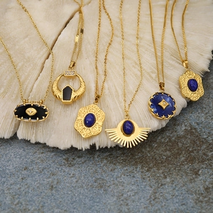 French court style 18K gold plated necklace set with blue lapis and black agate pendants