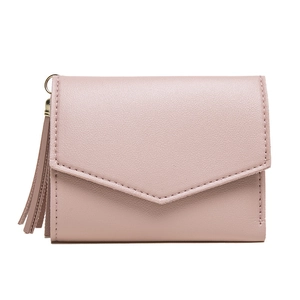 Dusty pink PU leather tri-fold wallet for women with elegant tassel and envelope flap