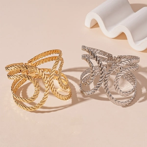 Irregular geometric metal open cuff bracelets with textured rope pattern in gold and silver