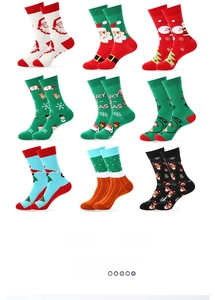 Detail showing 9 pairs of colorful Christmas crew socks with Santa and reindeer patterns