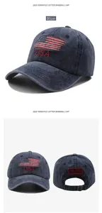 Detailed views of blue washed cotton baseball cap with embroidered USA flag and metal buckle