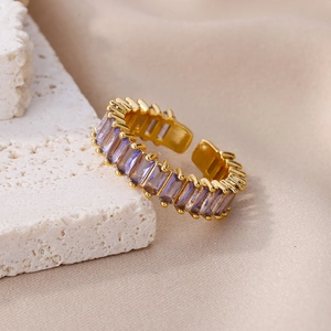 Gold plated open ring featuring rectangular lavender cubic zirconia on stone base