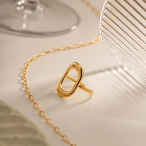 Minimalist 18k gold plated stainless steel hollow geometric ring with metallic luster