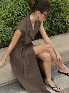 Deep brown sleeveless linen midi dress with lapel collar and waist tie for summer fashion