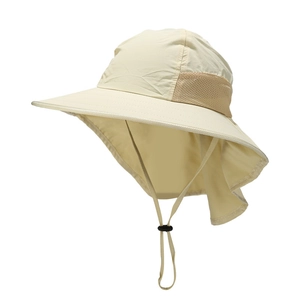 Kids quick-dry sun hat with neck flap and breathable mesh panels in beige color
