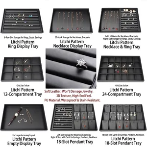 Black PU leather jewelry display tray collection for rings and necklaces