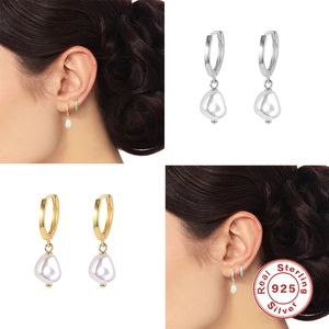Elegant S925 sterling silver hoop earrings with irregular baroque pearl charms for women