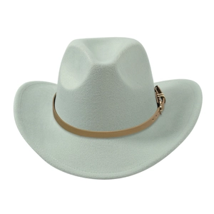 Detail of mint green wool felt fedora with a vintage brown faux leather buckle band
