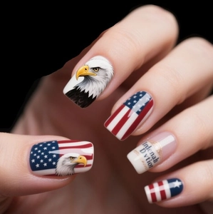 Close-up of red and blue eagle patriotic press-on nails with stars and stripes