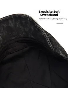 Detail view of cotton inner sweatband on grey washed denim ivy cap showing texture