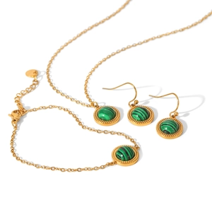 Elegant gold stainless steel jewelry set featuring green malachite round stone accents