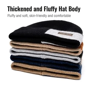 Fleece lined winter knit beanie for men featuring fashion label and thick knit texture