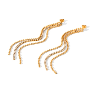 Elegant gold-tone tassel earrings featuring multi-chain design with sparkling white zircon