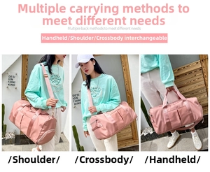 Pink fitness bag showing three carrying options: shoulder, crossbody and hand carry