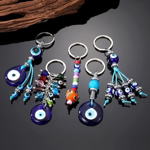 Evil Eye Keychain Blue Glass Bead Nazar Amulet Alloy Tassel Ethnic Tribal Protective Charm Lucky Gift