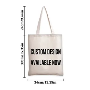 Detailed size chart for white canvas tote bag showing handle height and bag dimensions