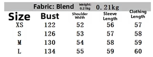 Detailed size chart for women's bow shirt showing fabric blend and weight parameters