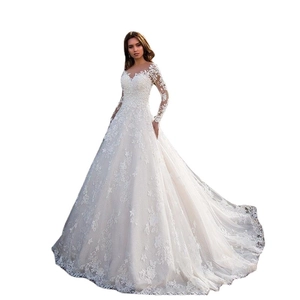 Long sleeve ivory lace wedding dress with off-shoulder neckline and elegant A-line train