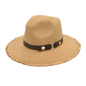 Retro khaki panama straw hat with frayed brim and rivet leather band detail