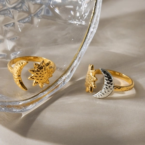 18K gold plated sun and moon open rings with hammered texture for a minimalist style