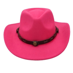 Detailed view of rose pink felt cowboy hat with metallic rivets and black faux leather band