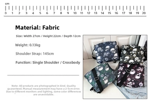 Detailed size chart of tote bag with skull print, showing 27x22x12cm dimensions