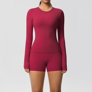 Detail view of burgundy double-sided brushed yoga set with high waist shorts