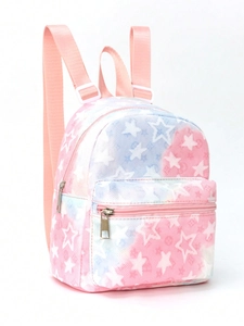 Pink and blue gradient tie-dye star pattern backpack with front zipper pocket and straps