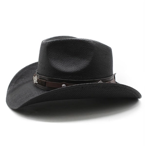 Detail of black woven cowboy hat featuring brown leather band and silver diamond buckles