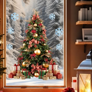 Christmas tree window stickers with snowflakes and gift boxes applied on a snowy glass view