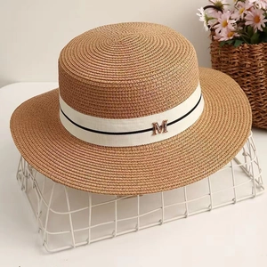 Chapeau de paille à haut plat pour femme avec ruban blanc et boucle en métal doré M