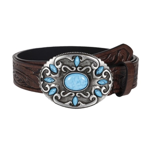Western vintage brown leather belt with embossed leaf pattern and turquoise buckle