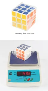 Close-up of a 3x3 educational puzzle cube in OPP packaging weighing 49.6g