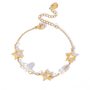 Detail view of gold butterfly star bracelet with measurements of chain and pearls
