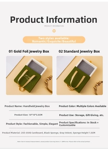Detailed size specifications for a portable green jewelry box with gold ribbon handle