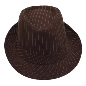 Detailed view of dark brown wool fedora featuring white vertical stripes and classic top crease