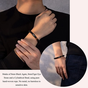 8mm Black Agate and Tiger Eye stone hand-woven beaded bracelet for men shown on wrist