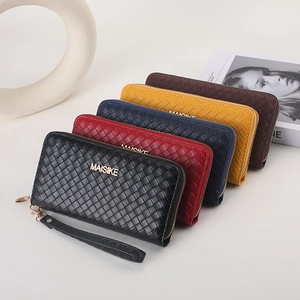 Women's long woven leather wallets in five colors with golden zippers and wrist straps