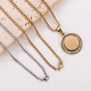 18k gold plated stainless steel box chain necklace with diamond circular pendant