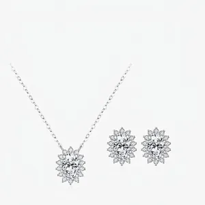 Oval Moissanite Necklace And Earrings Jewelry With 925 Sterling Silver And Cubic Zirconia Sunflower Design For Women