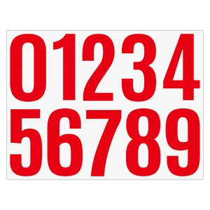 Detailed view of red 4 inch self-adhesive vinyl numbers 0-9 for mailbox and cargo labeling