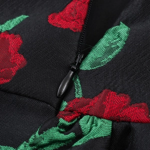 Robe à manches bouffantes style français avec jacquard rose rouge et zip invisible