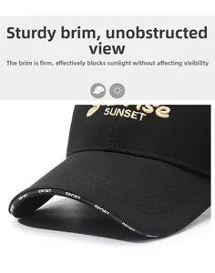 Close-up of black baseball cap showing SUNSET embroidery and curved brim with SPORT text